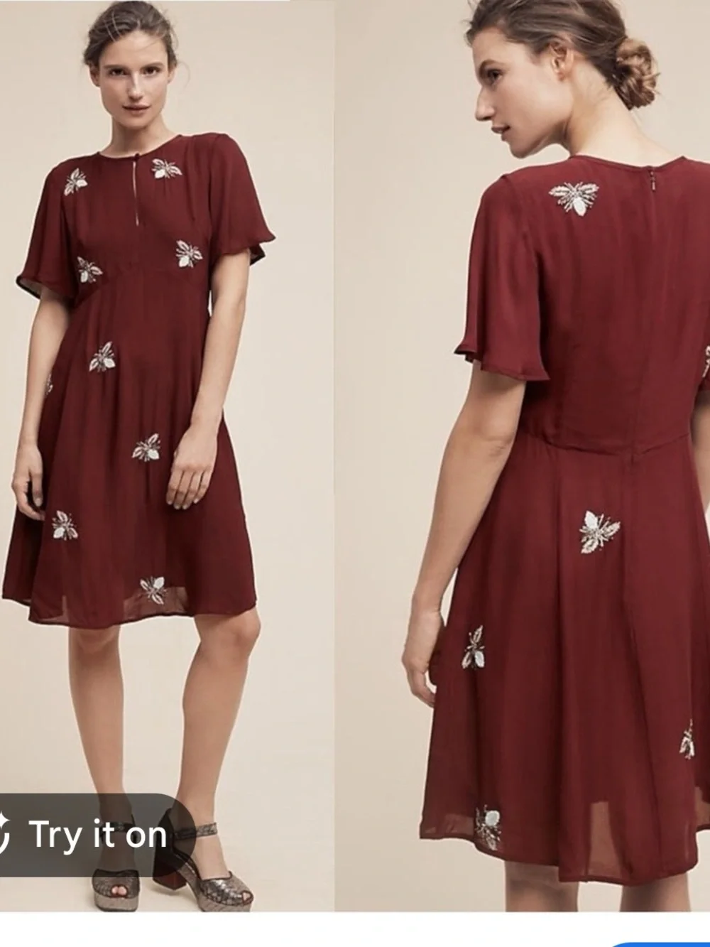 Anthropologie Moulinette Soeurs  Beaded Firefly Fit & Flare Flutter Sleeve Dress